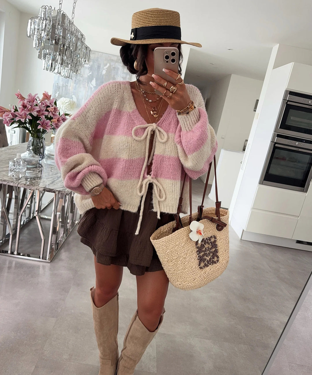 Damen lockere Strickjacke mit breiten Streifen und Bindegürtel Heidi-Mode