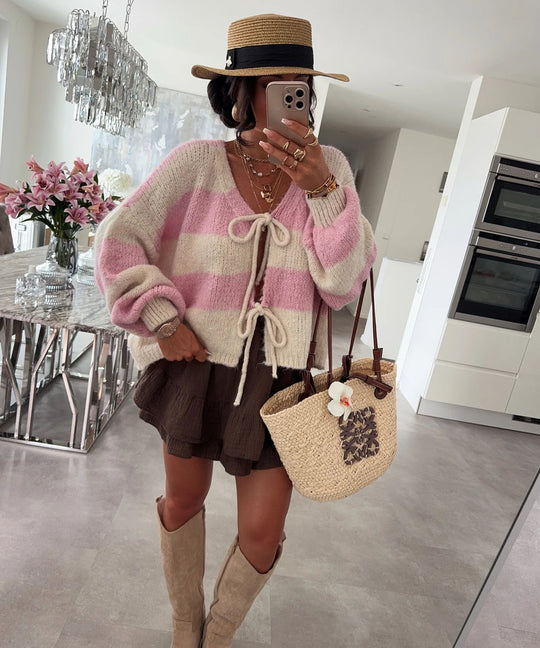 Damen lockere Strickjacke mit breiten Streifen und Bindegürtel Heidi-Mode