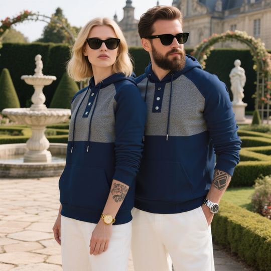 Herren Kapuzensweater mit modernem Henley-Ausschnitt und kontrastierenden Ärmeln Heidi-Mode