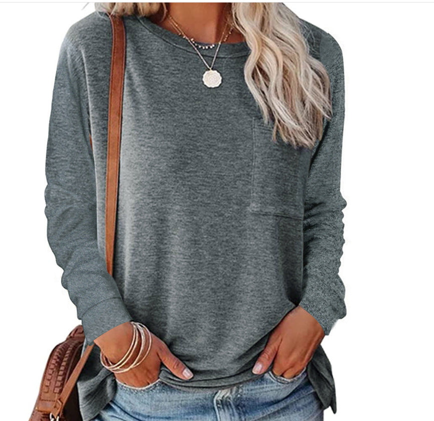 Damen lässiges Langarmshirt mit Taschen und Rundhalsausschnitt Heidi-Mode