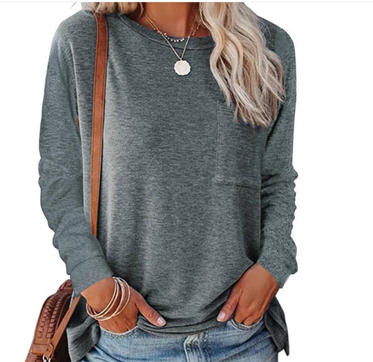 Damen lässiges Langarmshirt mit Taschen und Rundhalsausschnitt Heidi-Mode