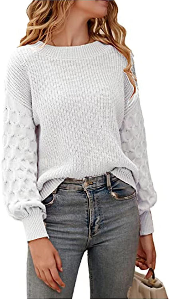 Damen modischer Strickpullover mit strukturierten Ärmeln und Rundhalsausschnitt Heidi-Mode