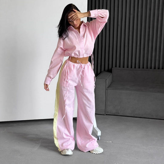 Damen luftiges Loungewear-Set mit Kordelzug und durchgehender Knopfleiste Heidi-Mode
