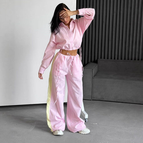 Damen luftiges Loungewear-Set mit Kordelzug und durchgehender Knopfleiste Heidi-Mode