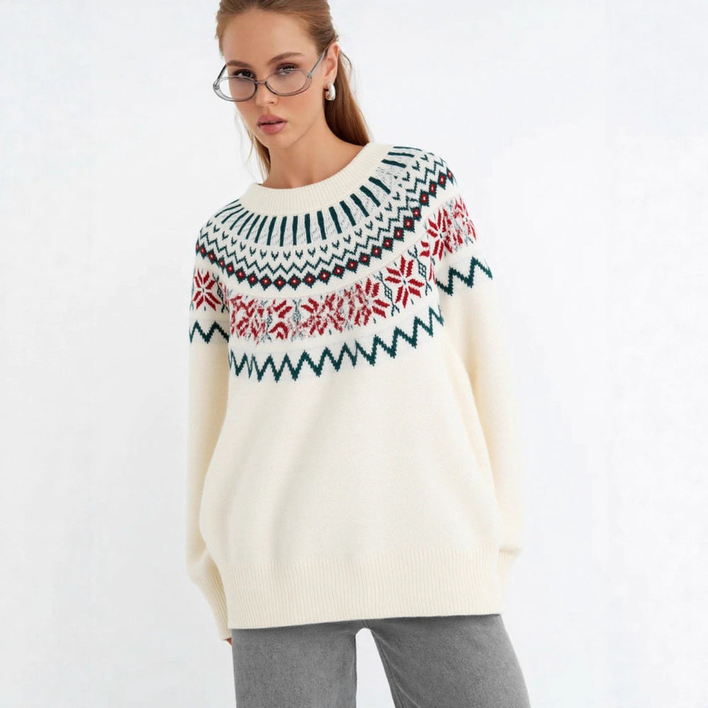 Damen Strickpullover mit festlichem Norweger-Motiv und weitem Schnitt Heidi-Mode
