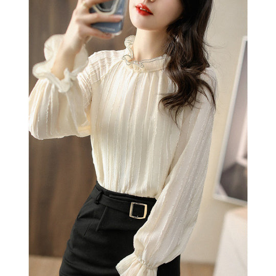 Damen Rüsch-Hochkragenbluse mit transparenten Ärmeldetails Heidi-Mode