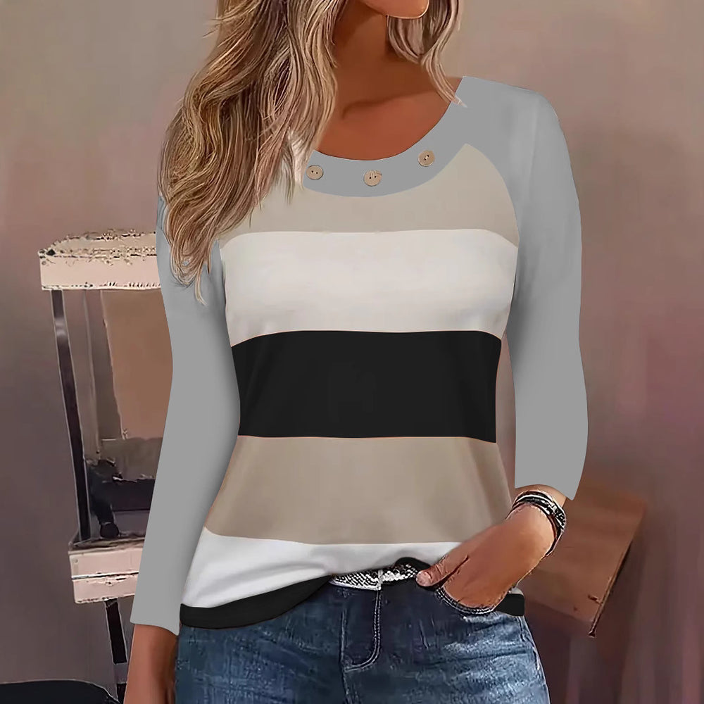 Damen Langarm T-Shirt mit modischem Streifenmuster und dekorativen Knöpfen Heidi-Mode