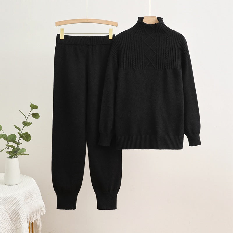 Damen gemütliches Strick-Loungewear-Set mit hohem Kragen und Rippstruktur Heidi-Mode