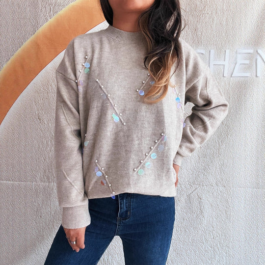 Damen Pullover mit modischen Perl- und Strassdetails Heidi-Mode