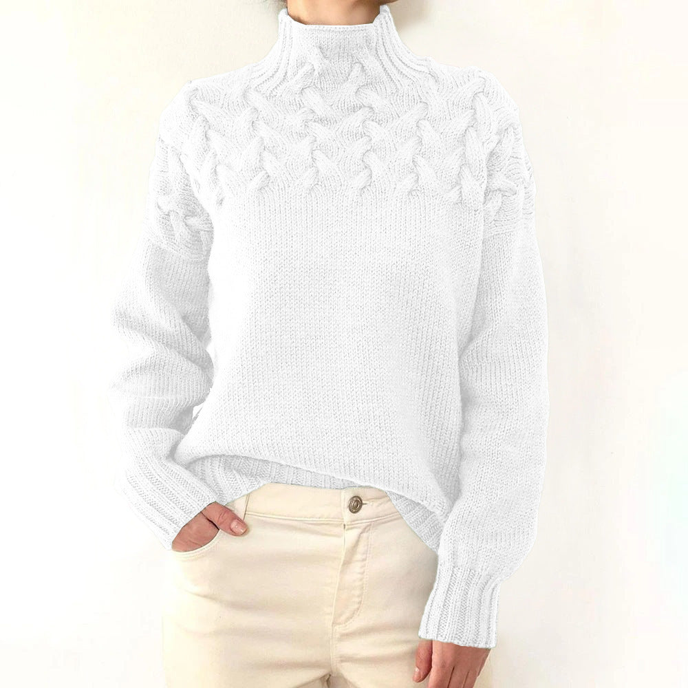 Damen Strickpullover mit hochgeschlossenem Kragen und trendigem Zopfmuster Heidi-Mode