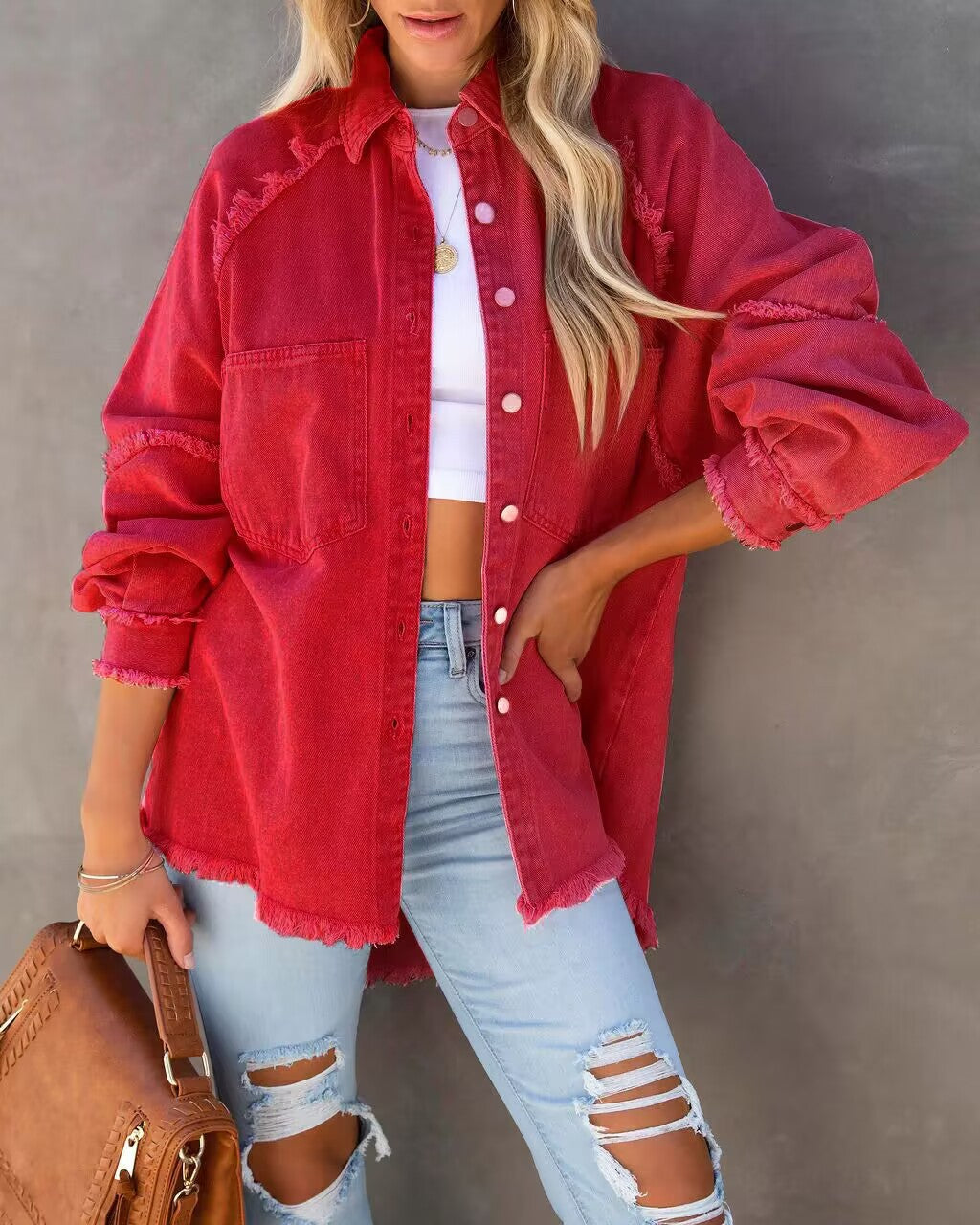 Damen Lässige und stylische Jeansbluse mit Fransen Heidi-Mode
