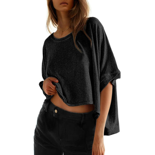 Damen lässiges cropped Oberteil mit weiten Ärmeln und Rundhalsausschnitt Heidi-Mode