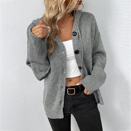 Damen lässige Strickjacke mit Kapuze und Knopfverschluss Heidi-Mode