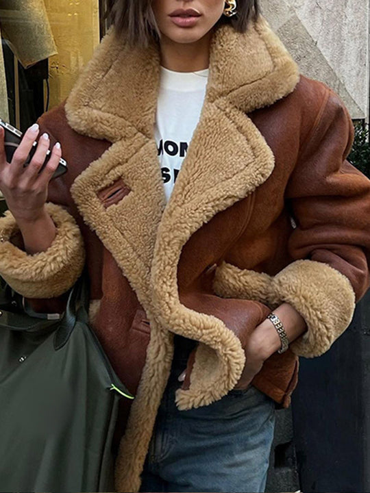 Damen Lässige und modische Teddyjacke mit großem Kragen und weich gefüttertem Innenleben Heidi-Mode