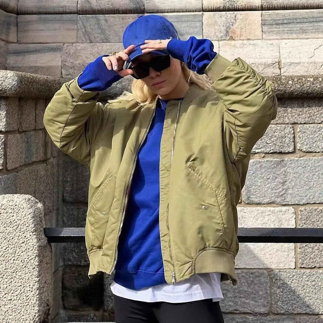 Damen oversized Bomberjacke mit technischen Details und praktischen Taschen Heidi-Mode