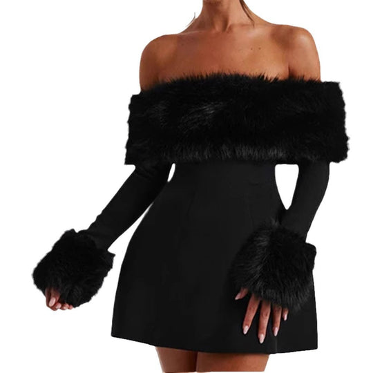 Damen Stilvolles Minikleid mit abnehmbaren Flauschenärmeln Heidi-Mode