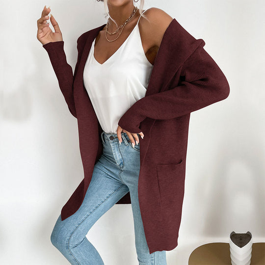 Damen Langärmlige Strickjacke mit Kapuze und seitlichen Taschen Heidi-Mode