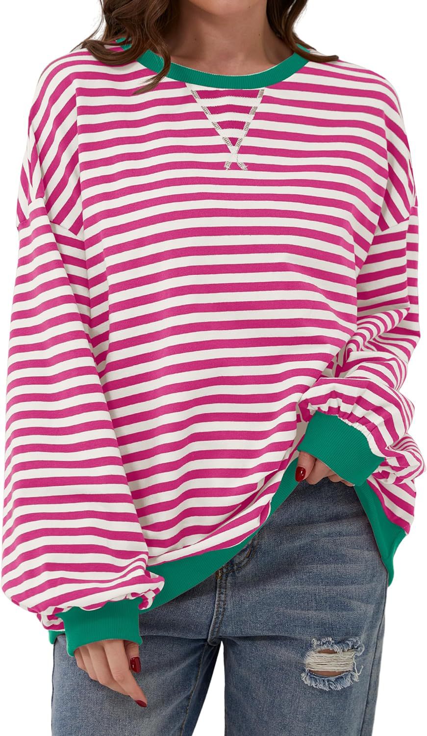 Damen lässiger Oversized Sweatshirt mit bunten Streifen und Kapuzenkordel Heidi-Mode