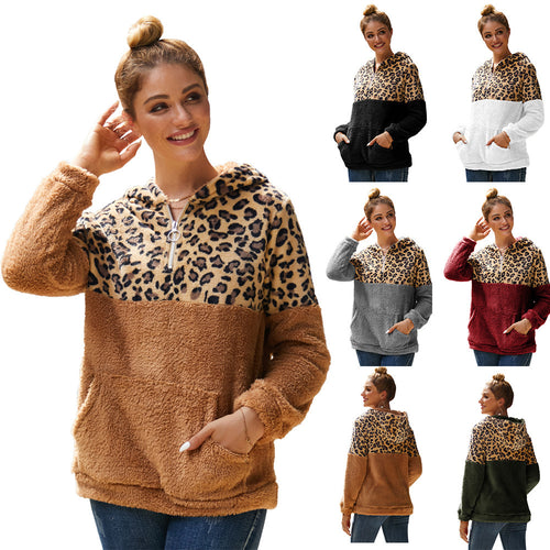 Damen kuscheliger Kapuzenpullover mit aufregendem Leopardenmuster und Kängurutasche Heidi-Mode