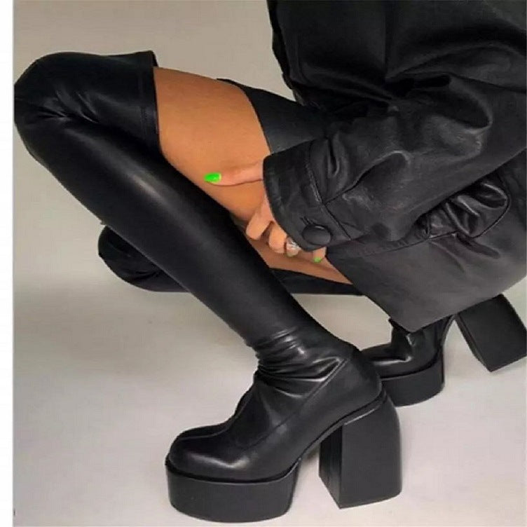 Damen Überknee-Stiefel mit klobigem Blockabsatz und elastischem Obermaterial Heidi-Mode