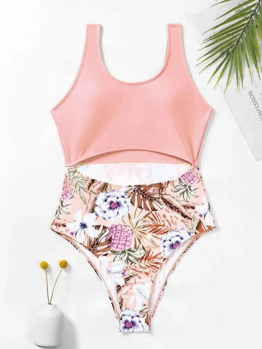 Damen Einteiler Badeanzug mit gestreiftem Oberteil und floralem Bottom Heidi-Mode