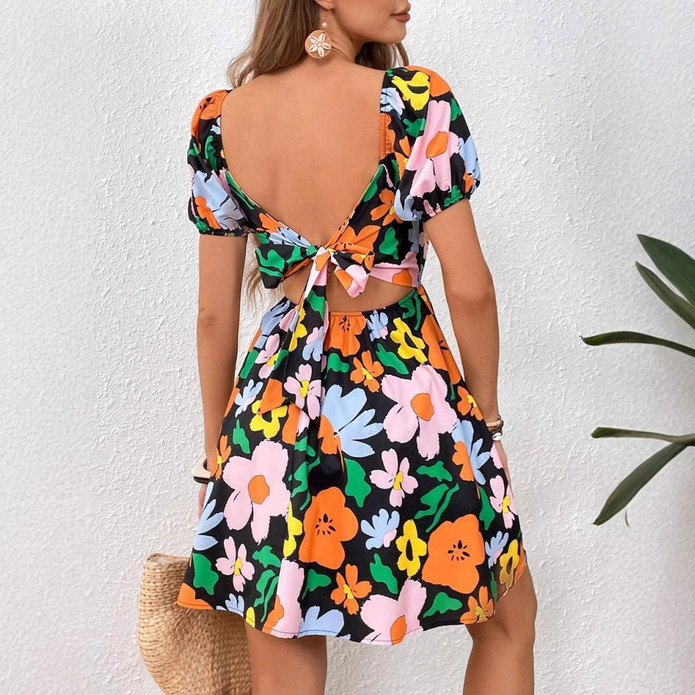 Heidi-Mode | V-Ausschnitt Bedrucktes Strand Kleid mit Laternenärmeln