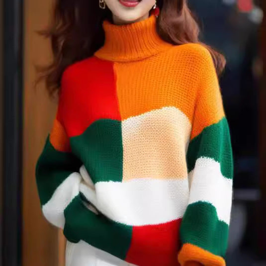 Damen Grobstrickpullover mit hohem Kragen und buntem Farbblockdesign Heidi-Mode
