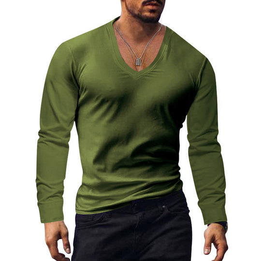 Herren V-Ausschnitt Langarmshirt aus weichem Baumwollmix mit figurbetonter Passform Heidi-Mode