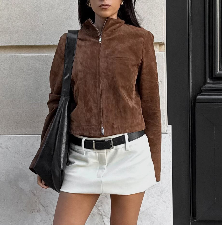 Damen Kurzjacke im modernen Wildleder-Look mit hohem Kragen Heidi-Mode