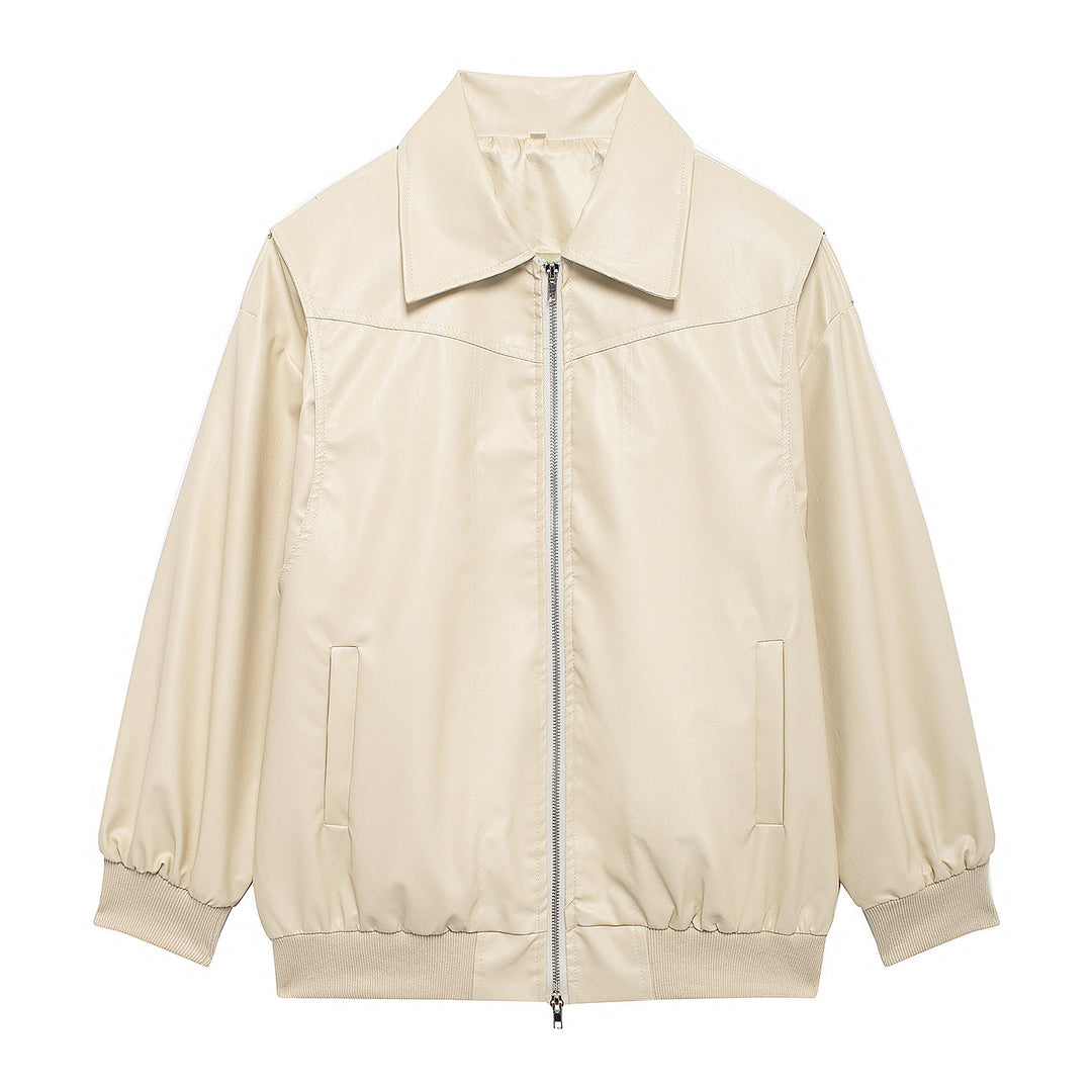 Damen Kunstlederjacke mit elastischen Bündchen und hochschließendem Kragen Heidi-Mode
