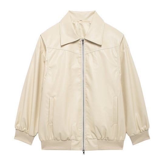 Damen Kunstlederjacke mit elastischen Bündchen und hochschließendem Kragen Heidi-Mode
