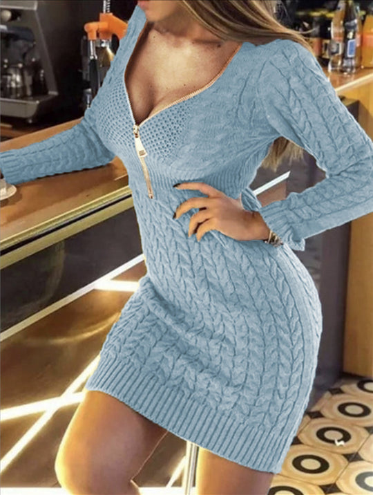 Damen Strickkleid mit Reißverschluss und Zopfmuster Heidi-Mode