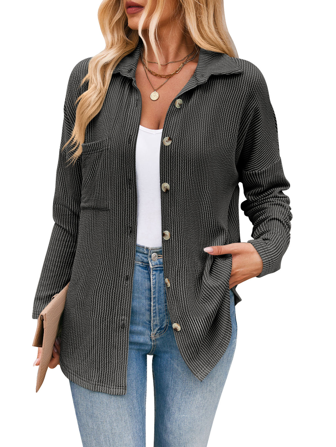 Damen lässige Strickjacke mit Knopfleiste Heidi-Mode