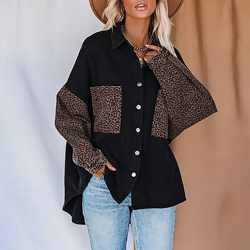 Damen Oversized Hemdbluse mit Leopardenmuster und Druckknöpfen Heidi-Mode
