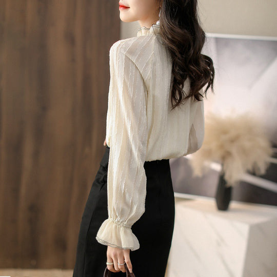 Damen Rüsch-Hochkragenbluse mit transparenten Ärmeldetails Heidi-Mode