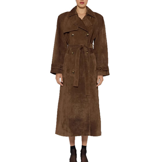 Damen eleganter und taillierter Wildleder-Trenchcoat mit Gürtel Heidi-Mode