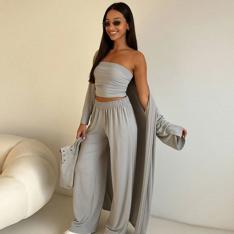 Damen elegantes 3-teiliges Set mit weitem Hosen und tailliertem Oberteil Heidi-Mode