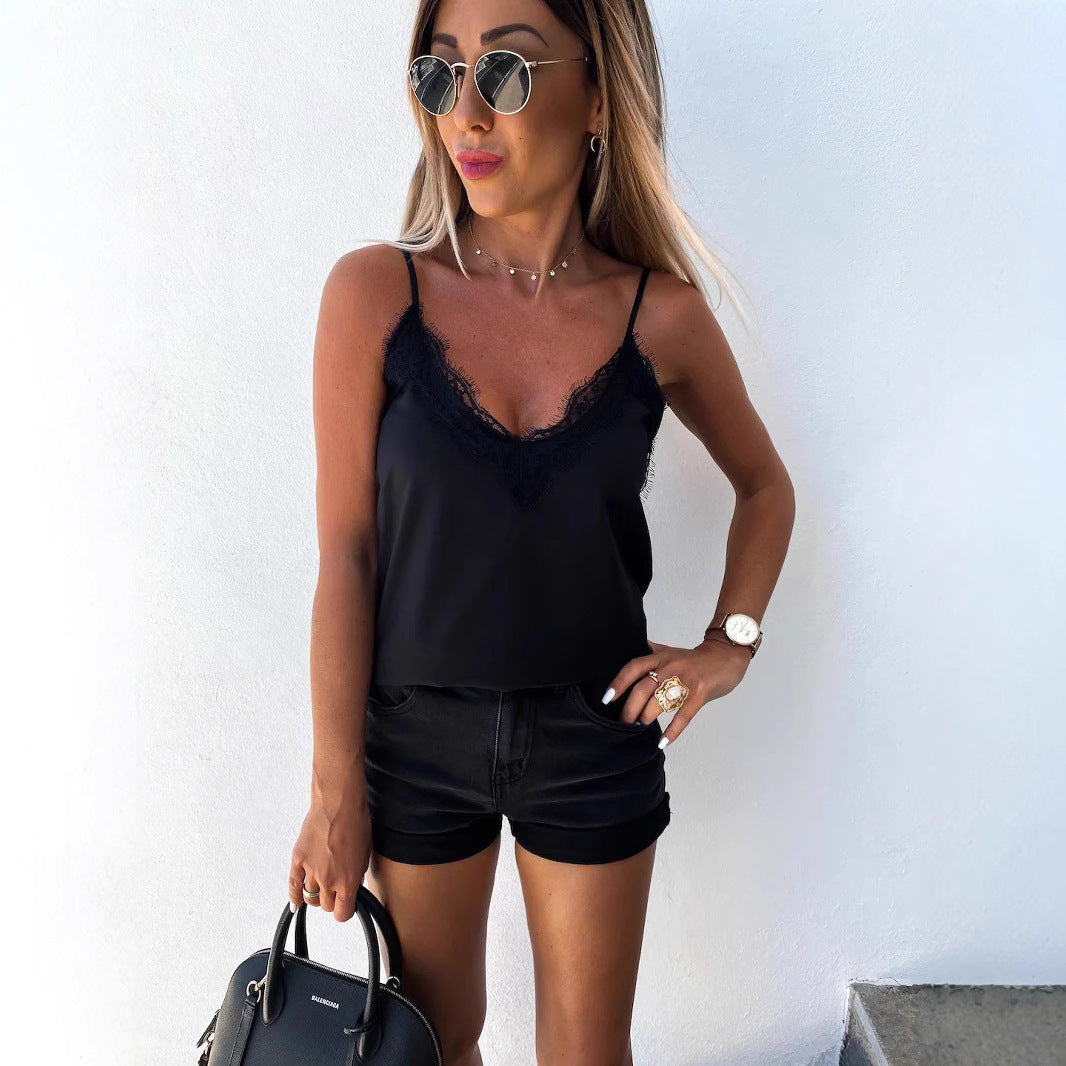 Damen Satin-Top mit Spitzenverzierung Heidi-Mode
