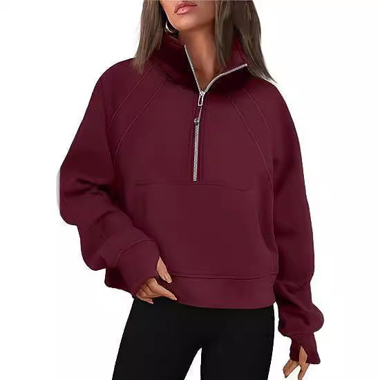 Damen kuscheliger Half-Zip Pullover mit Kapuze und Kängurutasche Heidi-Mode