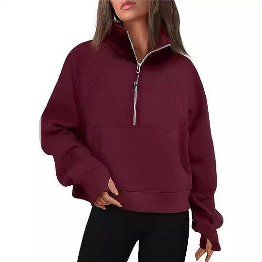 Damen kuscheliger Half-Zip Pullover mit Kapuze und Kängurutasche Heidi-Mode
