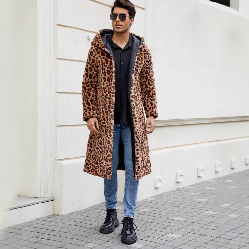 Herren Eleganter Kunstfellmantel mit Leopardenmuster Heidi-Mode
