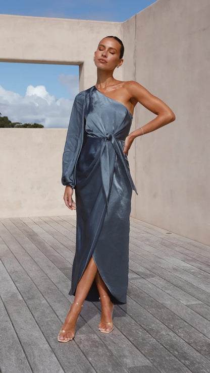 Heidi-Mode | Satin Maxi-Kleid mit einem Schulter