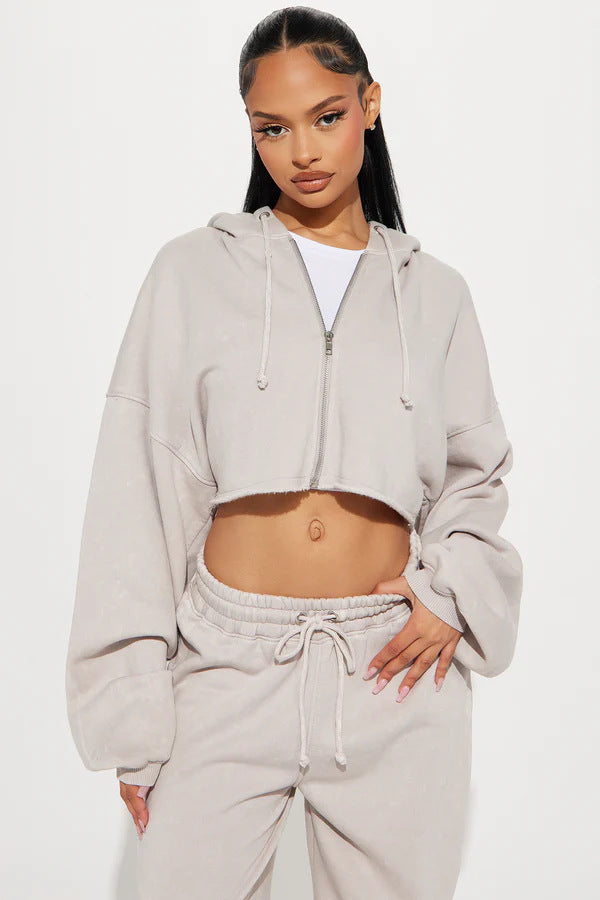 Damen Sportliches Fleece-Set mit cropped Hoodie und weitem Schnitt Heidi-Mode