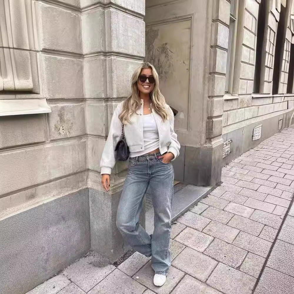 Damen Cropped Jacke mit modernem Stehkragen und Druckknopfverschluss Heidi-Mode