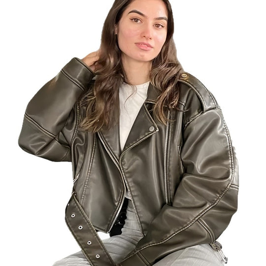 Damen Kunstleder Bikerjacke mit weitem Schnitt und umfangreichen Details Heidi-Mode