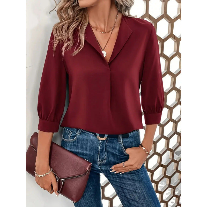 Damen Elegante Viskosebluse mit 3/4-Ärmeln und V-Ausschnitt Heidi-Mode