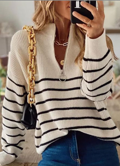 Damen Strickpullover mit halbem Reißverschluss und Streifenmuster Heidi-Mode