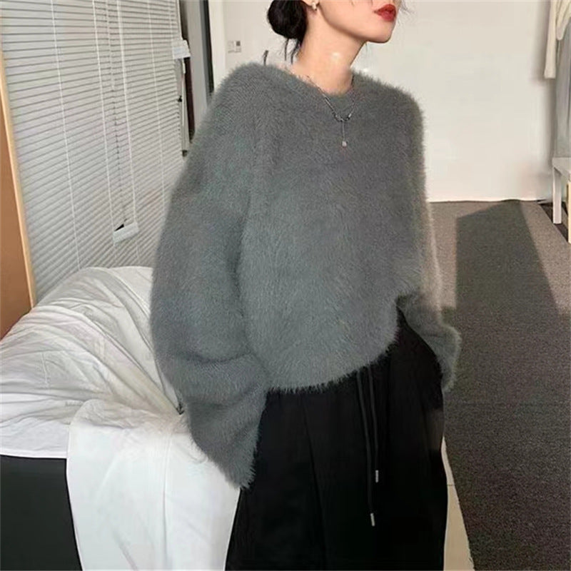 Damen Flauschiger Pullover mit lässigem Schnitt und hohem Rundhalsausschnitt Heidi-Mode