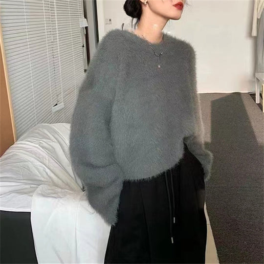 Damen Flauschiger Pullover mit lässigem Schnitt und hohem Rundhalsausschnitt Heidi-Mode