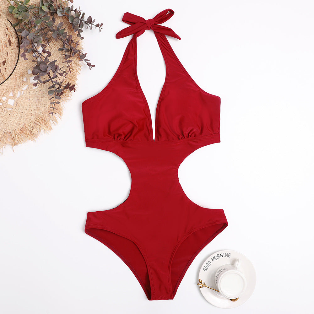 Damen Cut-Out Badeanzug mit verstellbarem Halsband und tiefem V-Ausschnitt Heidi-Mode